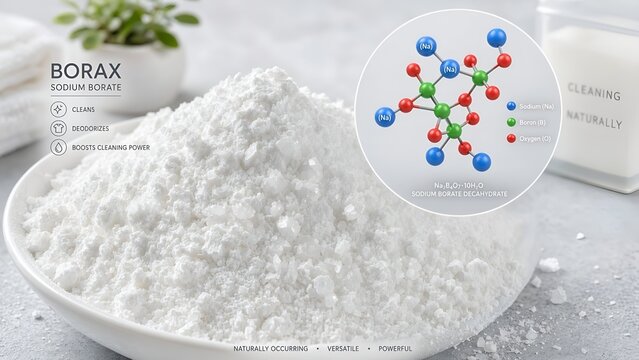 White borax cleaning powder container with a scientific microscopic inset displaying an intricate arrangement of sodium, boron, and oxygen atoms in the borate