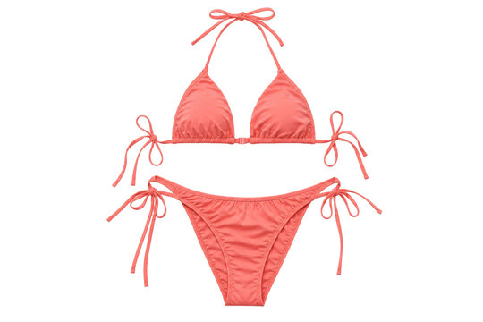 Bright coral pink two-piece bikini swimsuit with tie-side bottoms and a halter top, isolated on a clean white background