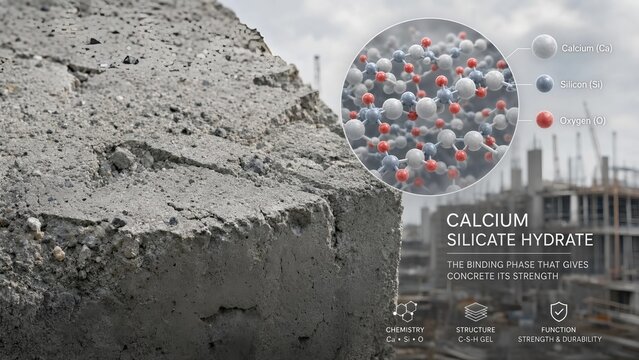 Durable gray construction concrete surface with a scientific microscopic inset detailing bonded calcium, silicon, and oxygen atoms within calcium silicate hydrate