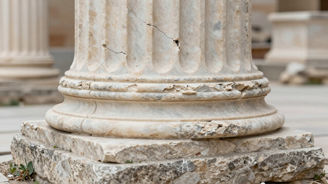 Cracked marble base of an ancient Greek or Roman fluted pillar at archaeological ruins
