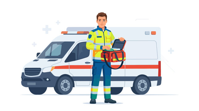 Paramedic With Medical Bag Standing Next To Ambulance - Vector Illustration