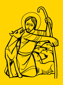 Linocut style graphic illustration of the Good Shepherd protecting his sheep from a wolf.