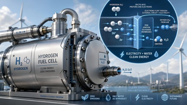 Green hydrogen fuel cell stack with a scientific microscopic inset visualizing hydrogen molecules h2 splitting and converting into electrical energy and water