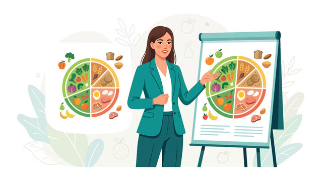 Nutritionist presenting a balanced diet plate illustration with food groups on a whiteboard, conveying healthy eating and wellness.