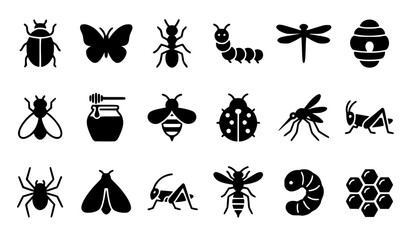 Obraz premium Filled Insect Icon Set with Beetle Butterfly Ant Caterpillar Dragonfly Bee and Honey Symbols