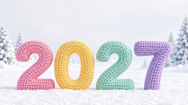 Colorful crochet 2027 year numbers standing in snow in a soft winter forest, cheerful handmade 2027 New Year concept with pastel yarn texture, snowfall, festive seasonal background and copy space