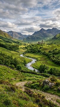 Green Celtic valley features a winding river, rolling emerald hills, and ancient stone ruins. Ideal for Irish tourism brochures, fantasy wallpapers, and historical documentary backgrounds.