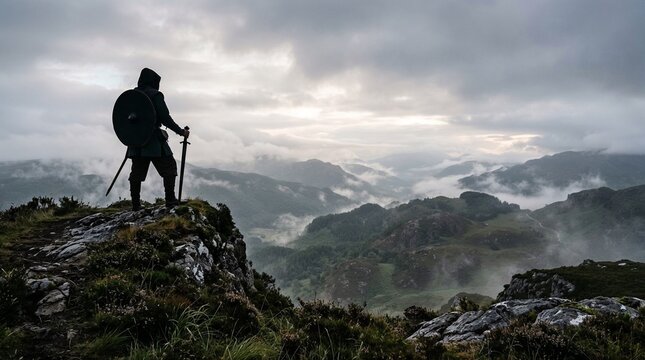 A silhouette of a Celtic warrior stands triumphantly on a rocky cliff overlooking a misty mountain valley. Ideal for fantasy book covers, historical video game art, and adventure travel posters.