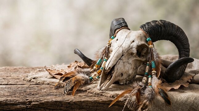 An animal skull adorned with colorful feather charms rests on a weathered wooden table with and autumn leaves. Ideal for ethnic decor blogs, esoteric articles, and rustic craft banners.