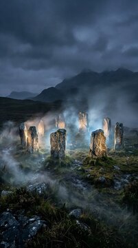 Ancient Celtic standing stones glow beneath a swirling magical mist in a moody mountainous landscape. Ideal for historical documentaries, fantasy game art, and mystical travel posters.