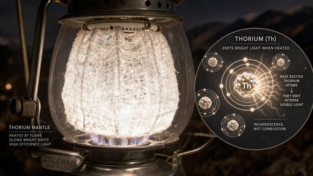 Vintage gas lantern mantle with a scientific magnified inset showing thorium atoms emitting brilliant white light when heated to high temperatures during operation