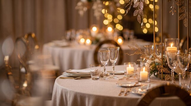 Beautifully set tables adorned with glowing candles and sparkling glassware create a warm, festive atmosphere for a special occasion.