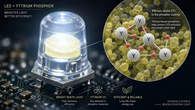 Modern led light bulb or diode with a scientific microscopic inset showing yttrium atoms integrated within the chemical composition of the yellow phosphor coating