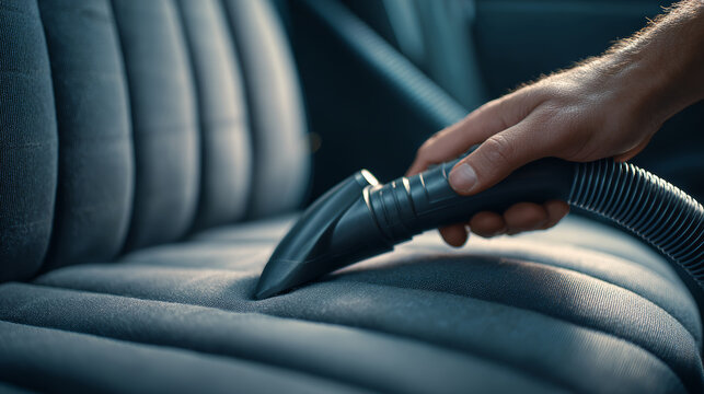 A hand holds an industrial vacuum on a seat cushion while cleaning the car interior with attention to detail. The setting is bright with clear focus