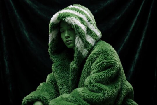 Green Fur Coat Hooded Jacket Winter Warm Clothing