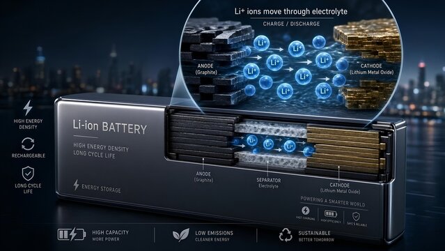 Portable electronic device battery with a scientific microscopic inset tracking lithium ions li+ migrating continuously between the anode and cathode electrodes
