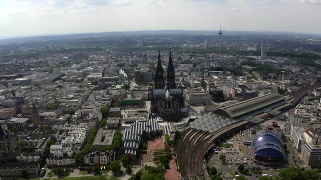 Aerial view of Cologne Cathedral and city center, Cologne, Germany