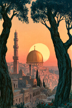 A mosque stands with a dome as the sun sets behind it. Trees frame the view of the city, creating a serene backdrop around the building