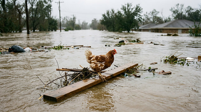 Chicken stranded on debris during devastating floodwaters engulfing a suburban street.