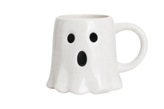 White ceramic ghost-shaped mug with black eyes and an open mouth, isolated on a clean white background