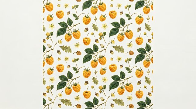 Yellow raspberry motif. Animated woodland berry repeat design golden raspberry infinite tile flat backdrop. Vibrant fruit multicolor surface Yellow raspberry motif. Animated woodland berry repeat