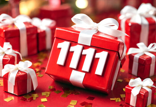 Festive red gift boxes with white ribbons and eleven eleven celebration theme on table