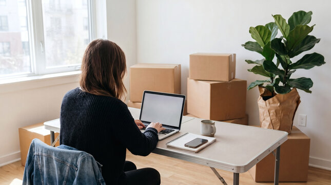 young woman sitting at folding table working on laptop surrounded by cardboard moving boxes in new bright apartment room