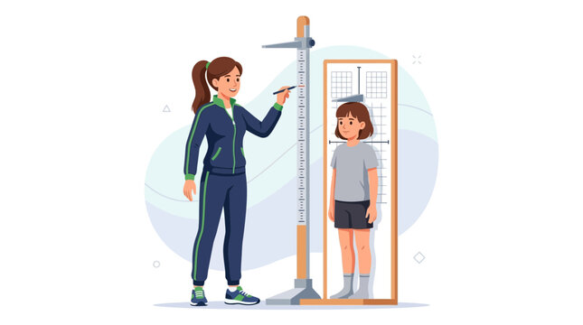 Doctor measures child's height using stadiometer and growth chart, flat vector illustration