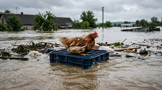 Chicken Survives Flooded Village After Natural Disaster.