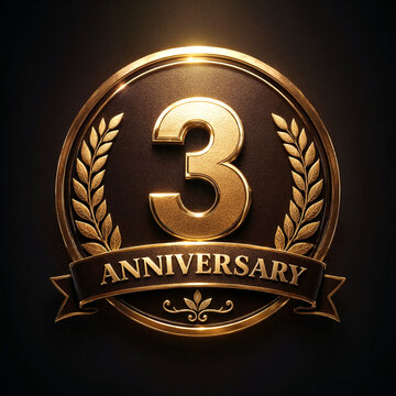 Golden three year anniversary emblem with laurel wreath and decorative ribbon design