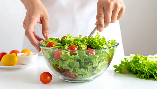 Fresh salad mixed in a bowl, healthy food preparation with vegetables, ready to serve now.