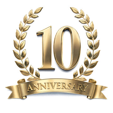 Golden tenth anniversary emblem with laurel wreath and decorative ribbon for celebrations