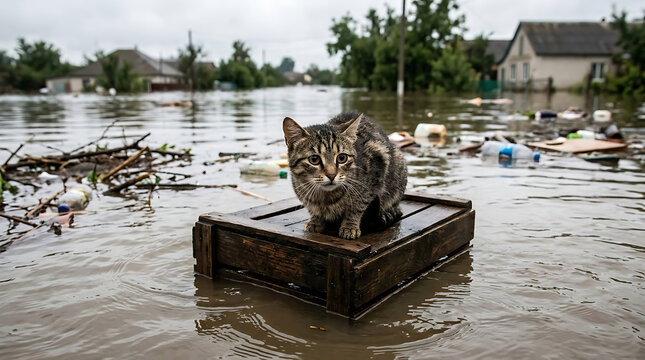 Cat stranded on a suitcase amidst floodwaters and debris.