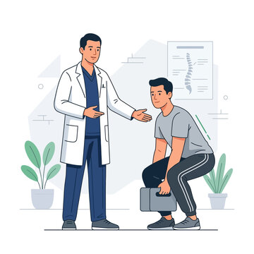 Doctor demonstrating proper lifting technique to patient for spinal health