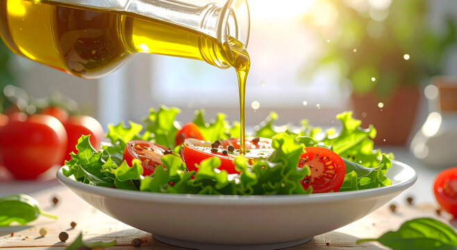 Olive oil drizzled over fresh salad, highlighting healthy eating, flavor, and nutrition
