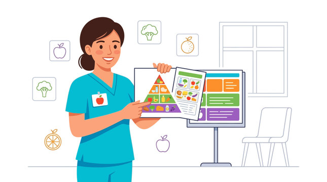 Dietitian Explaining Food Pyramid Chart with Healthy Food Icons in a Modern Office Setting - Vector Illustration