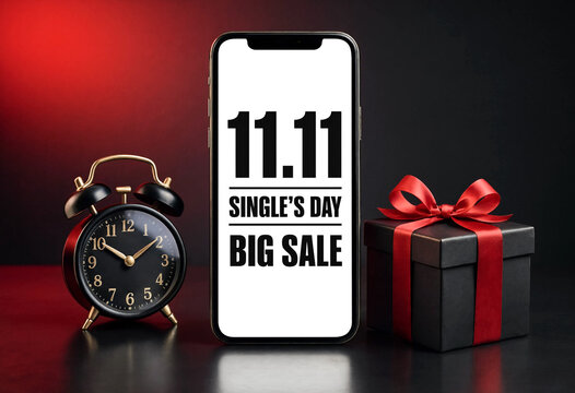 Modern smartphone displaying singles day big sale offer with alarm clock and gift box arrangement