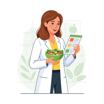 Dietitian holding fresh salad and reviewing nutrition plan, healthy lifestyle concept vector illustration