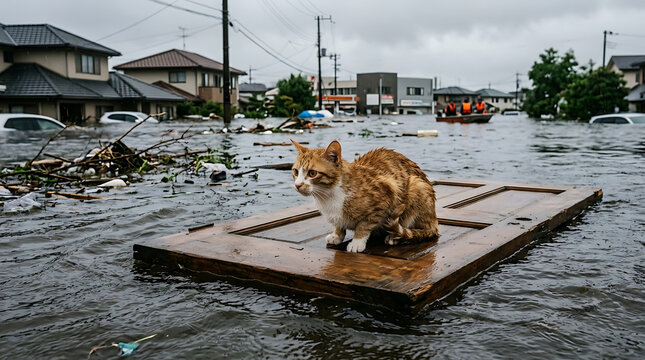 Cat stranded on a door during a devastating flood disaster.