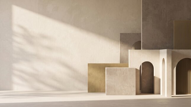 Minimalist architectural display with textured geometric blocks and arched structures illuminated by natural light and shadows.