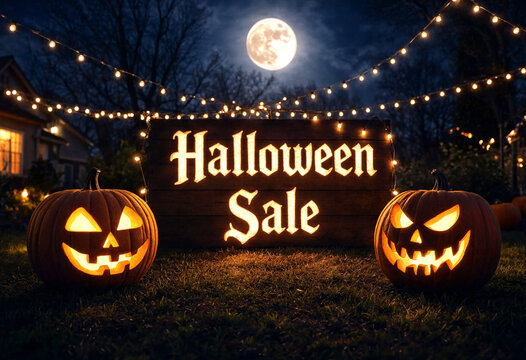 Spooky halloween yard sale setup with carved pumpkins and festive lights under a full moon night scene