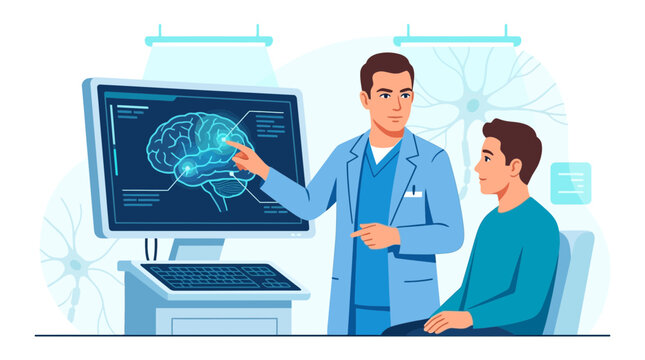 Doctor Explains Brain Scan Results to Patient, Medical Consultation with Neurological Data Visualization