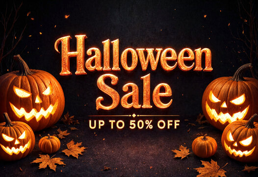 Spooky halloween sale banner with glowing jack o lanterns and autumn leaves promotion design