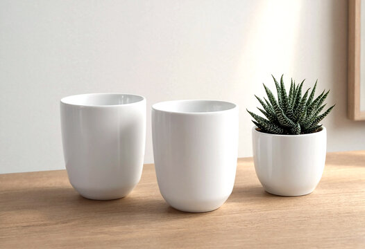 Three elegant white ceramic cups with one holding a small succulent plant on wooden table
