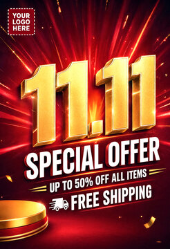 Vibrant red and gold eleven eleven special offer sale banner with discount details and free shipping promotion