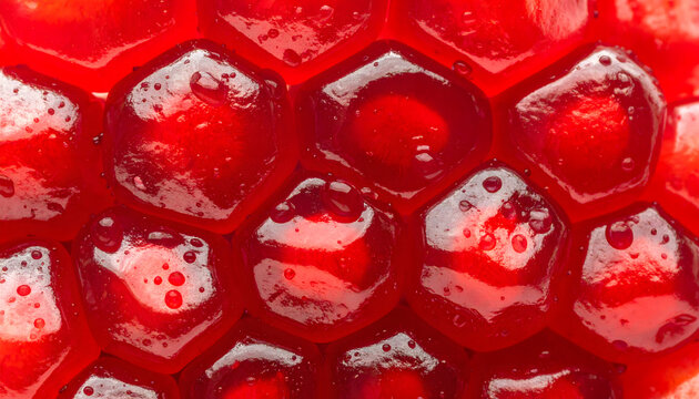Macro view of fresh pomegranate seeds with vibrant ruby color, juicy texture and detail