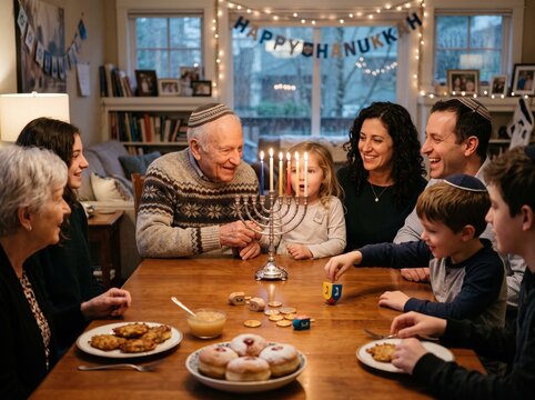 Happy multi-generational family celebrating Hanukkah together at home with a lit menorah and traditional food.