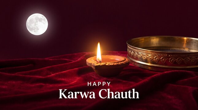 Karwa chauth festival celebration with decorative diya and sieve in moonlit night, spiritual and cultural tradition