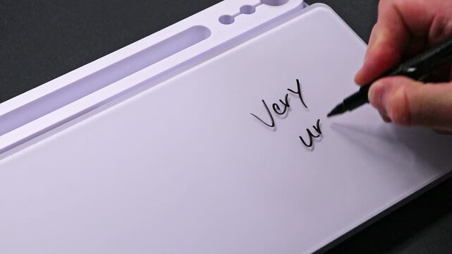 European male hand writing very urgent on whiteboard with black pen and erases it with white sponge afterwards for seamless looping message writing on whiteboard. ASAP urgent text