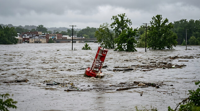 Devastating floodwaters inundate a residential area with debris and submerged structures.